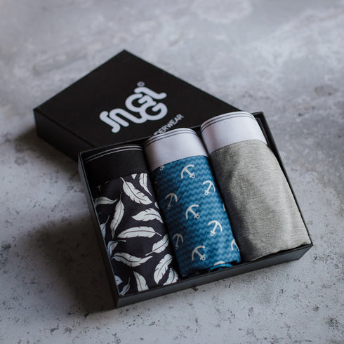 3 pack men boxer Anchor+Feathers+Grey shorts lycra