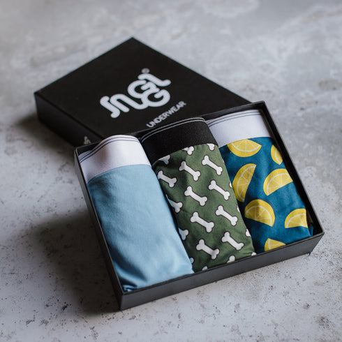 3 pack men boxer Bones+Lemon+light blue shorts lycra