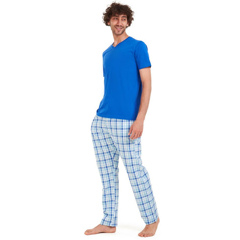 Men summer pajama set "Blue t-shirt + Blue x aqua checkered Pants"