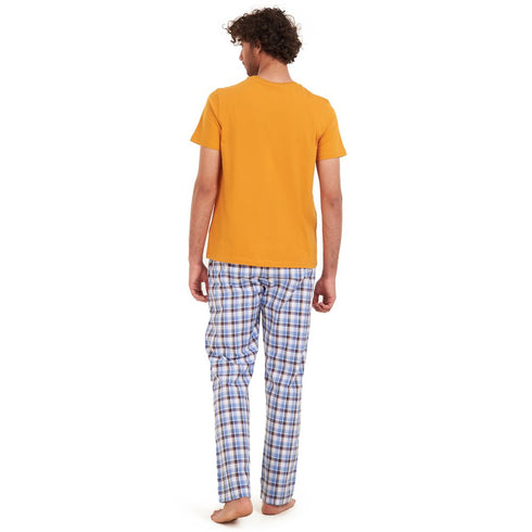 Men summer pajama set "Mustard t-shirt + Dark blue x white checkered Pants"