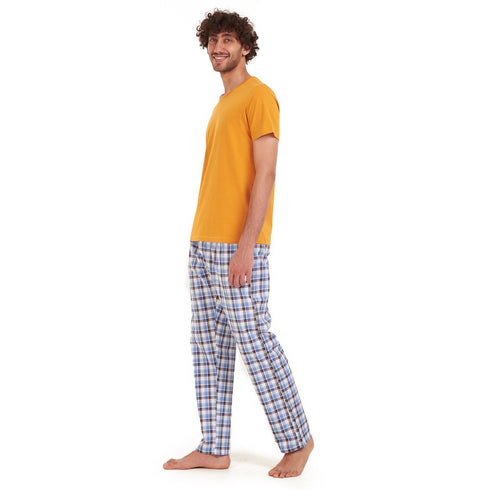 Men summer pajama set "Mustard t-shirt + Dark blue x white checkered Pants"