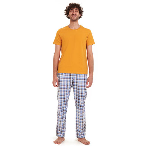 Men summer pajama set "Mustard t-shirt + Dark blue x white checkered Pants"
