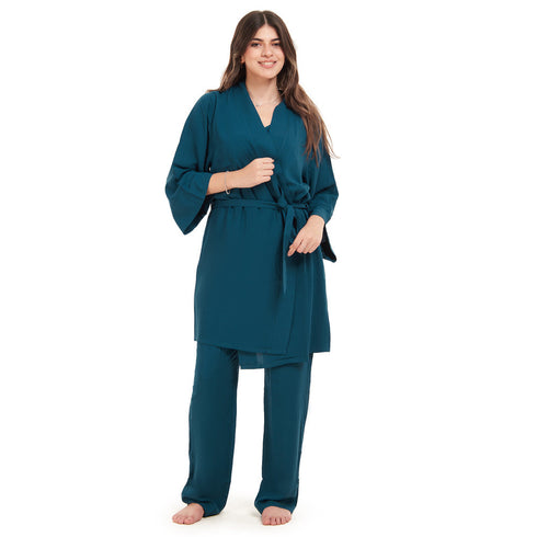 Women summer 3 piece pajama set "Petroleum Top + Petroleum kimono & Pants"
