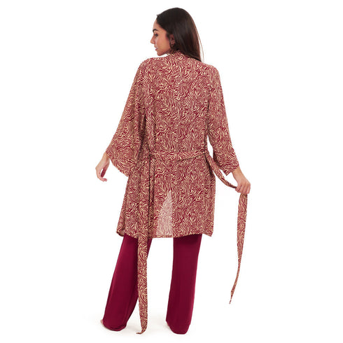 Women summer 3 piece pajama set "Dark red zebra pattern kimono + Red top & Pants"