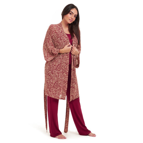 Women summer 3 piece pajama set "Dark red zebra pattern kimono + Red top & Pants"