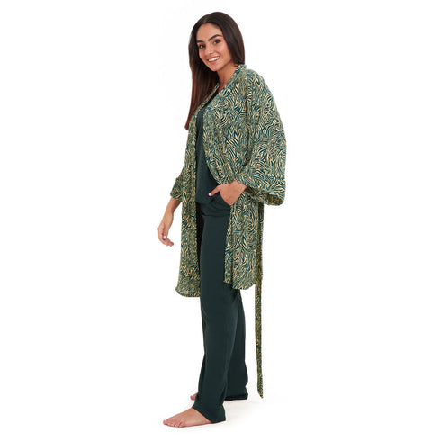 Women summer 3 piece pajama set "Green zebra pattern kimono + Dark green top & Pants"