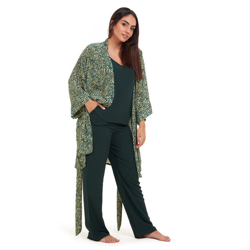 Women summer 3 piece pajama set "Green zebra pattern kimono + Dark green top & Pants"