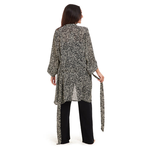 Women summer 3 piece pajama set "Black zebra pattern kimono + Black top & Pants"