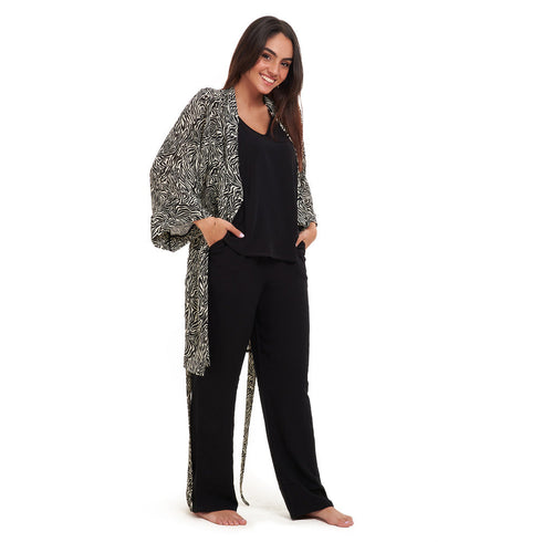 Women summer 3 piece pajama set "Black zebra pattern kimono + Black top & Pants"