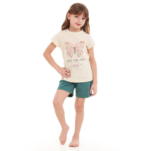 Girls summer pajama set "Butterfly t-shirt + Green Army shorts"