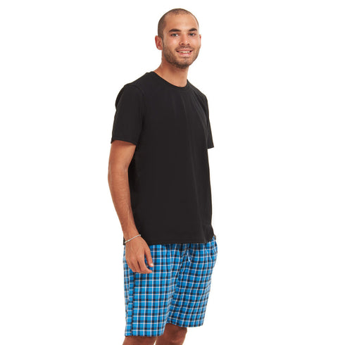 Men summer pajama set "Black T-shirt + Blue x Black Checkered shorts"