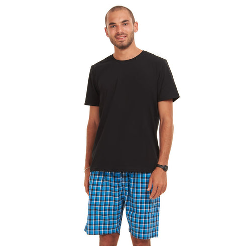 Men summer pajama set "Black T-shirt + Blue x Black Checkered shorts"