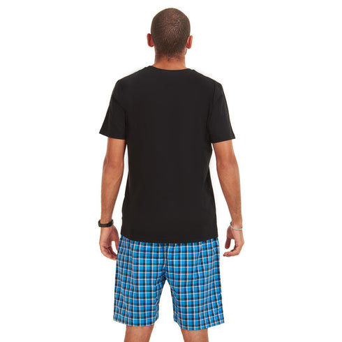 Men summer pajama set "Black T-shirt + Blue x Black Checkered shorts"