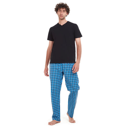 Men summer pajama set "Black T-shirt + Blue x Black Checkered pants"