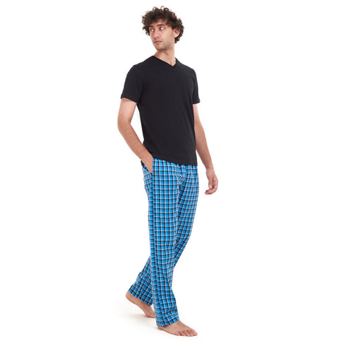 Men summer pajama set "Black T-shirt + Blue x Black Checkered pants"
