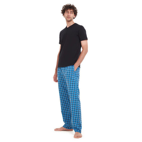 Men summer pajama set "Black T-shirt + Blue x Black Checkered pants"