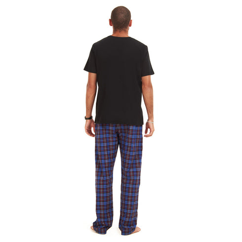 Men summer pajama set " Black T-shirt + Dark Blue Checkered Pants"