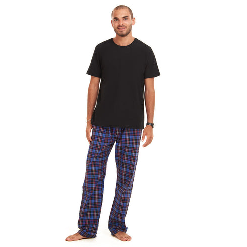 Men summer pajama set " Black T-shirt + Dark Blue Checkered Pants"