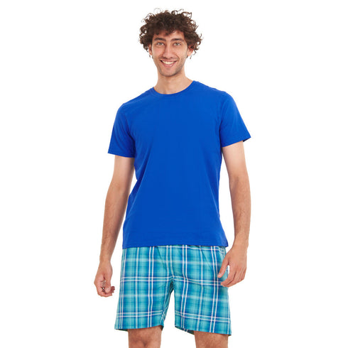 Men summer pajama set "Blue T-shirt + Aqua x Green Chekered shorts"