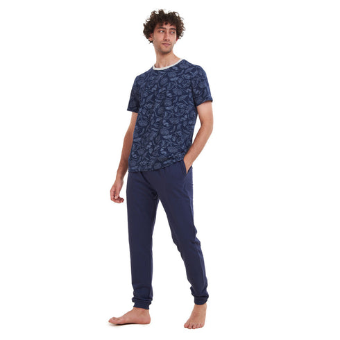 Men summer pajama set "Dark Blue Leaves T-shirt + Navy pants"