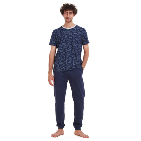 Men summer pajama set "Dark Blue Leaves T-shirt + Navy pants"