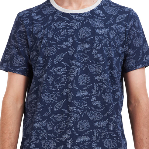 Men summer pajama set "Dark Blue Leaves T-shirt + Navy pants"