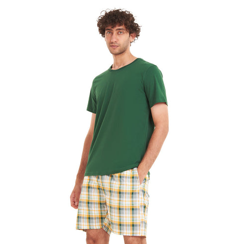 Men summer pajama set "Green T-shirt + White x Green Checkered shorts"