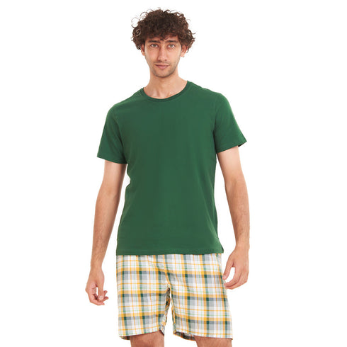 Men summer pajama set "Green T-shirt + White x Green Checkered shorts"