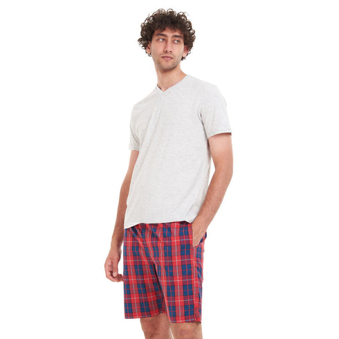 Men summer pajama set "Grey T-shirt + Red x Indigo Checkered short"