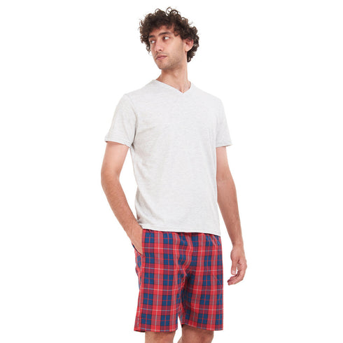 Men summer pajama set "Grey T-shirt + Red x Indigo Checkered short"