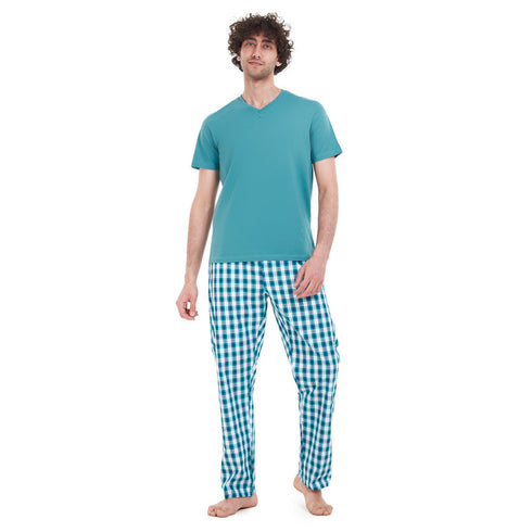 Men summer pajama set "Light Green T-shirt + Green Checkered pants"