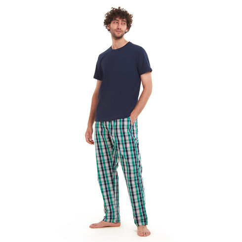 Men summer pajama set " Navy T-shirt + Green X Navy checkered Pants"