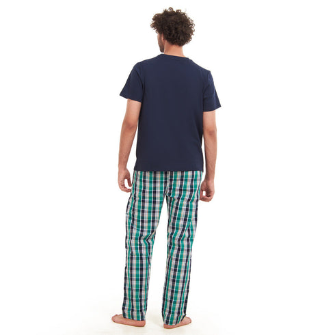 Men summer pajama set " Navy T-shirt + Green X Navy checkered Pants"