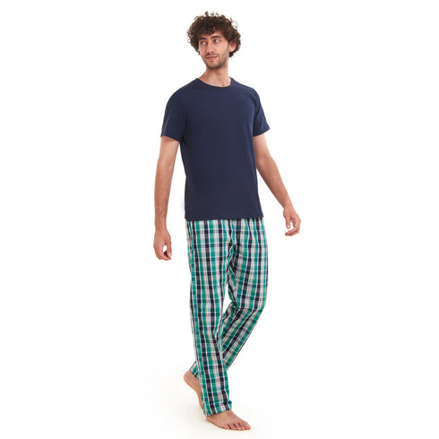 Men summer pajama set " Navy T-shirt + Green X Navy checkered Pants"