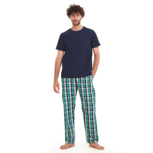 Men summer pajama set " Navy T-shirt + Green X Navy checkered Pants"