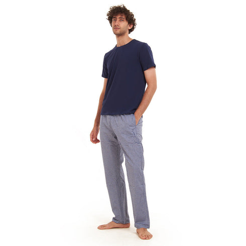 Men summer pajama set " Navy T-shirt + Navy x White Checkered Pants"
