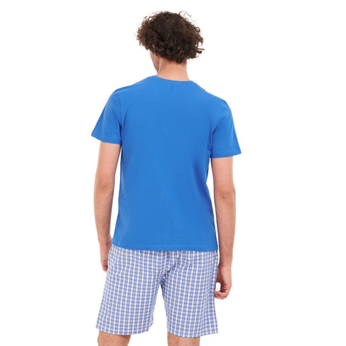 Men summer pajama set "Royal blue T-shirt + Blue x white checkered short"