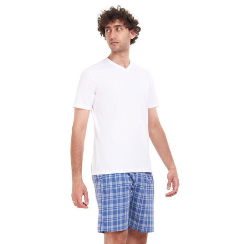 Men summer pajama set "White T-shirt + Blue x White Checkered short"