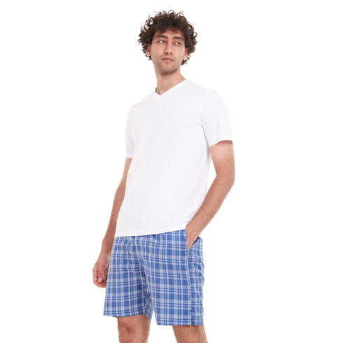 Men summer pajama set "White T-shirt + Blue x White Checkered short"