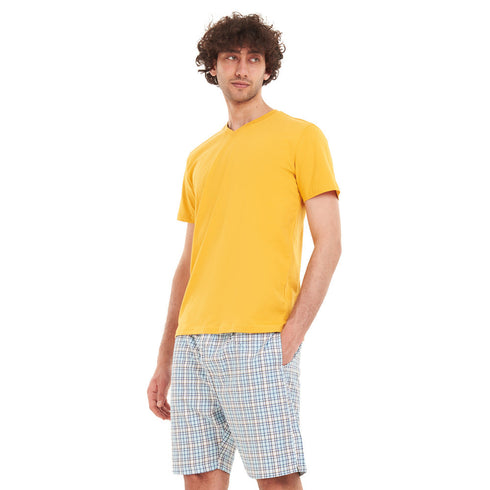 Men summer pajama set "Yellow T-shirt + Blue x yellow checkered short"
