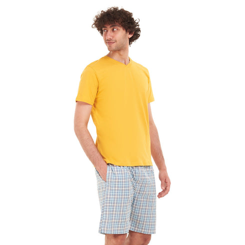 Men summer pajama set "Yellow T-shirt + Blue x yellow checkered short"