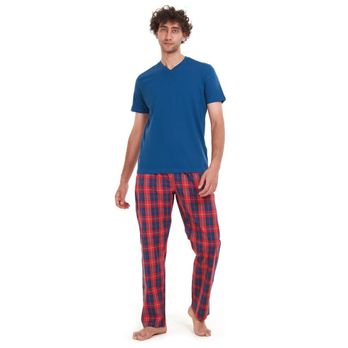 Men summer pajama set "Indigo T-shirt + Red x Indigo Checkered pants"
