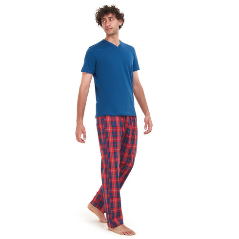 Men summer pajama set "Indigo T-shirt + Red x Indigo Checkered pants"