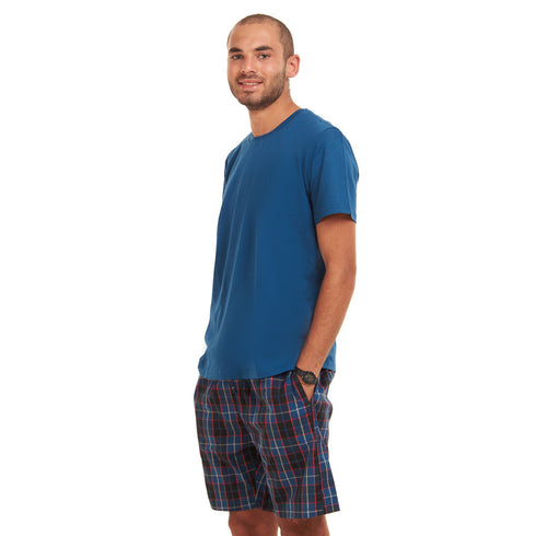 Men summer pajama set "Navy T-shirt + Dark Blue x Indigo Checkered shorts"