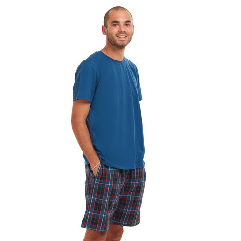 Men summer pajama set "Navy T-shirt + Dark Blue x Indigo Checkered shorts"