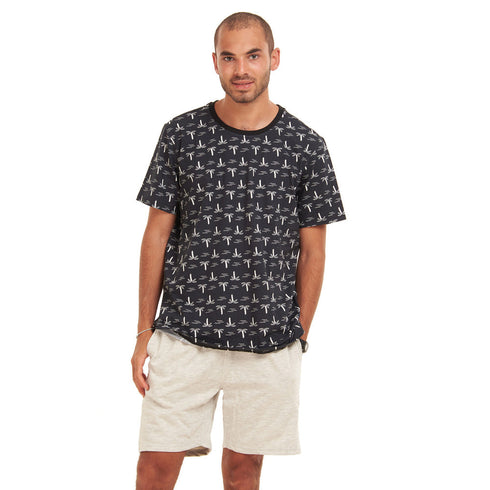 Men summer pajama set "Palm trees T-shirt +Grey shorts"