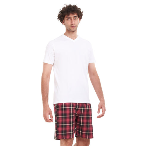 Men summer pajama set "White T-shirt + Red x Black Checkered short"