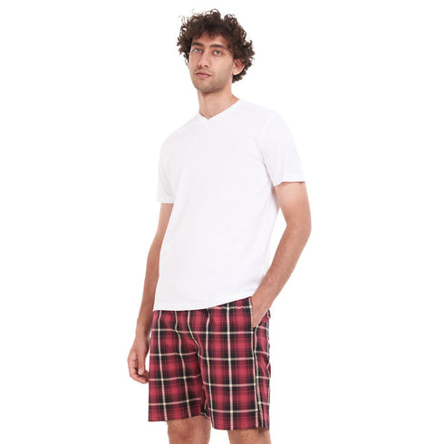 Men summer pajama set "White T-shirt + Red x Black Checkered short"