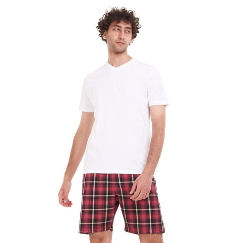 Men summer pajama set "White T-shirt + Red x Black Checkered short"