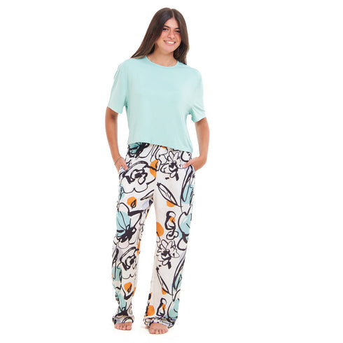 Women summer pajama set "Baby Blue Cropped top + Mint Abstract Pattern pants"